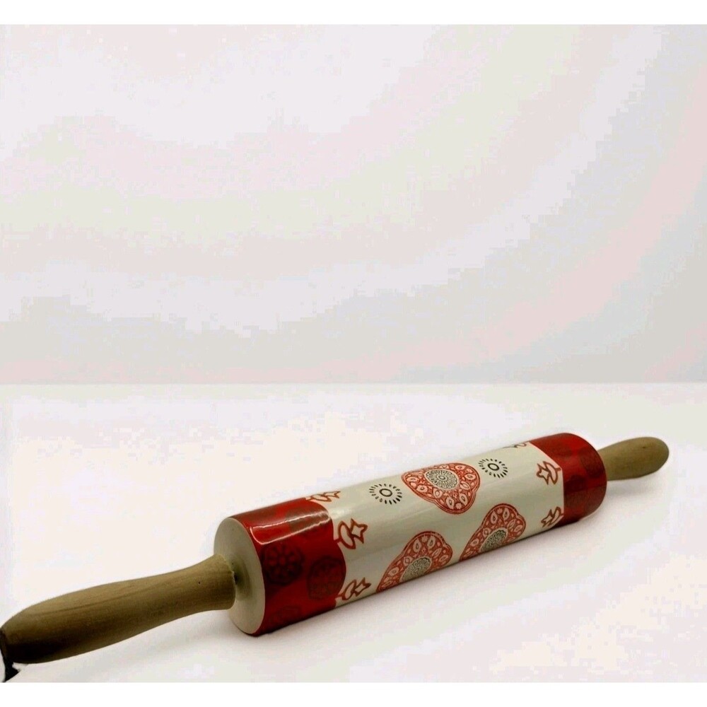 Anthropologie Red Mandala Roll the Dough Ceramic Rolling Pin ~Wood Handles~ 18"